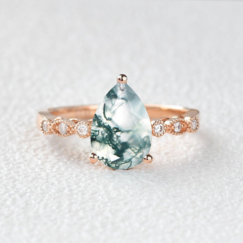 Unique Inspired Pear Shaped Moss Agate Engagement Ring - Felicegals 丨Wedding ring 丨Fashion ring 丨Diamond ring 丨Gemstone ring