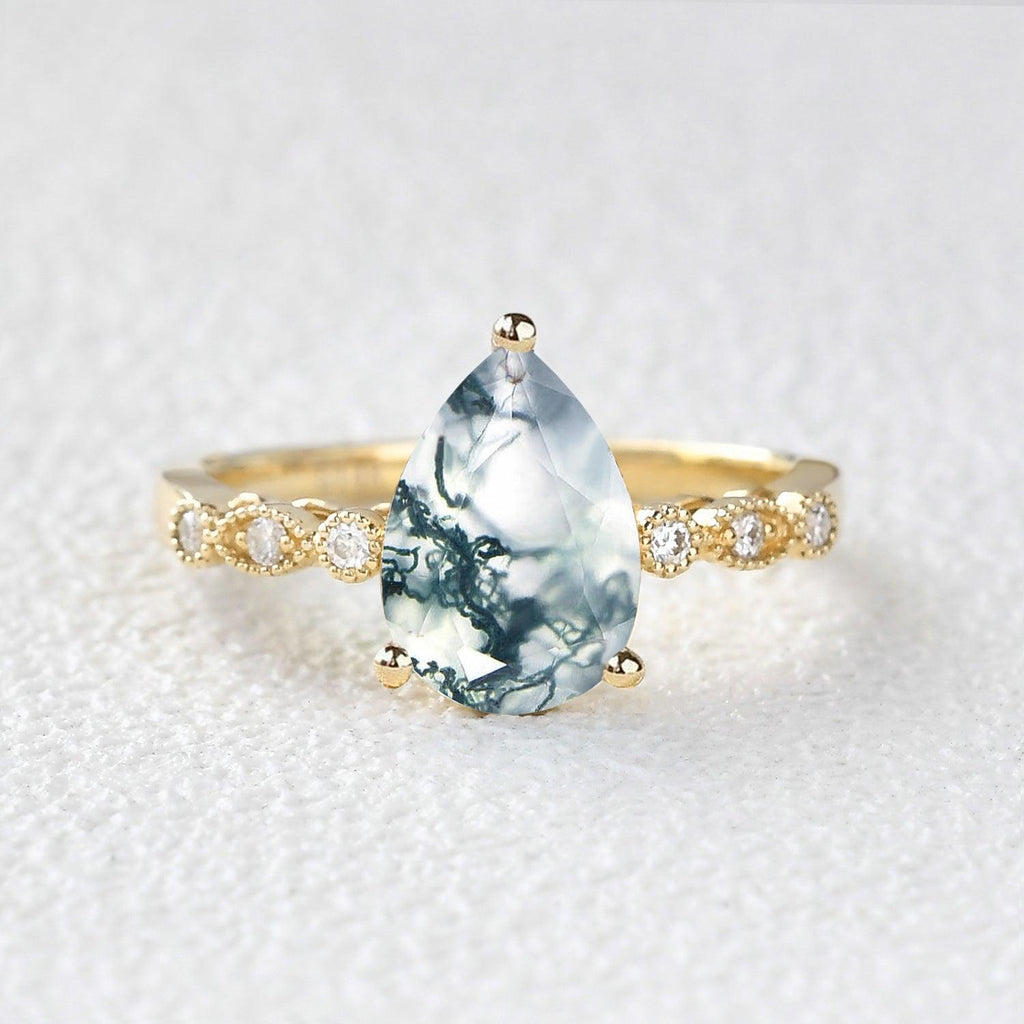 Unique Inspired Pear Shaped Moss Agate Engagement Ring - Felicegals 丨Wedding ring 丨Fashion ring 丨Diamond ring 丨Gemstone ring