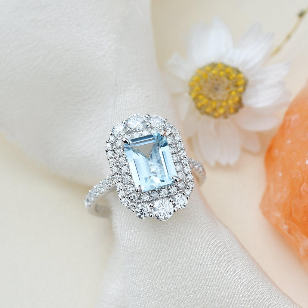 Aquamarine & Moissanite Rose Gold Ring - Felicegals 丨Wedding ring 丨Fashion ring 丨Diamond ring 丨Gemstone ring--Felicegals