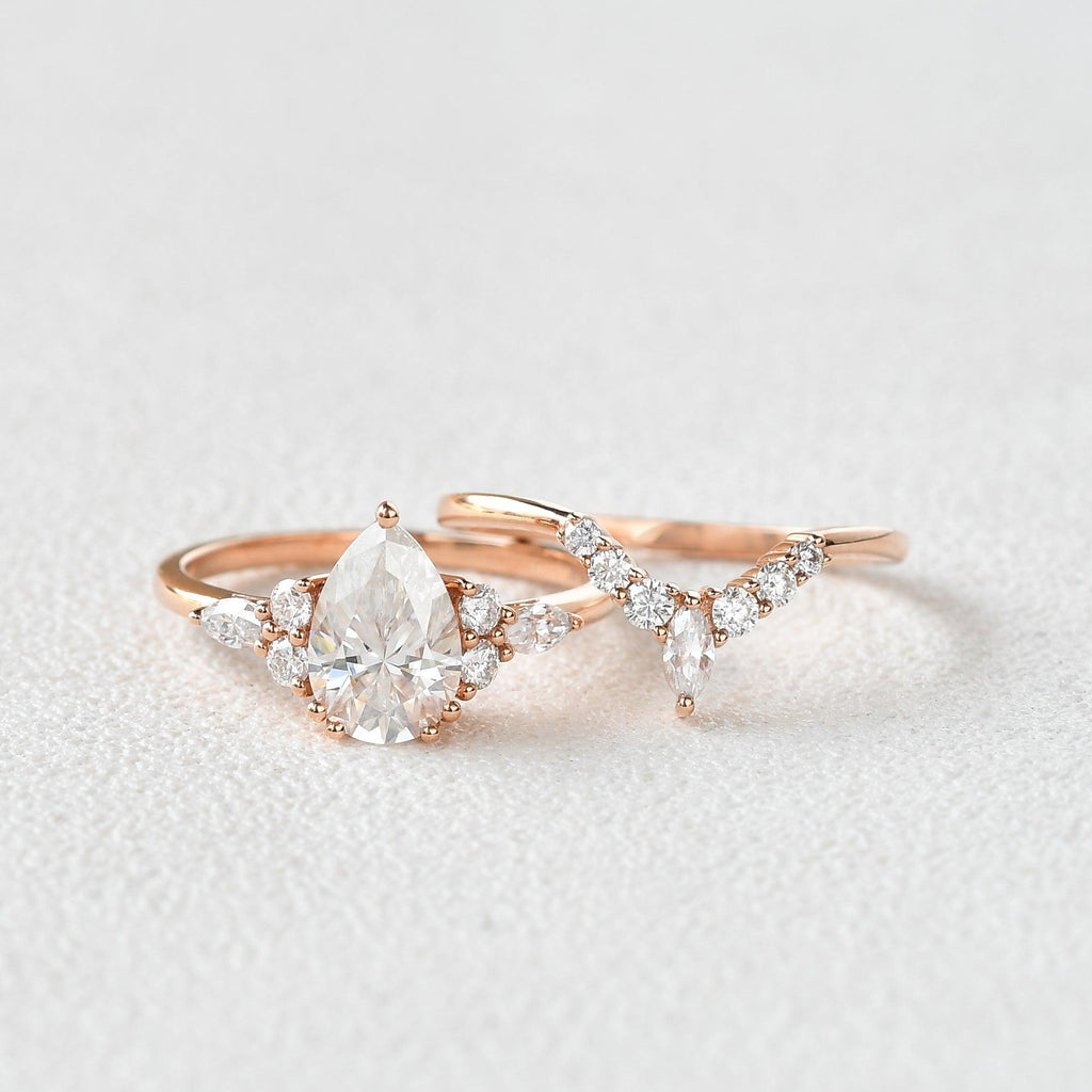 Moissanite Pear Cut Rose Gold Ring Set 2pcs - Felicegals 丨Wedding ring 丨Fashion ring 丨Diamond ring 丨Gemstone ring--Felicegals