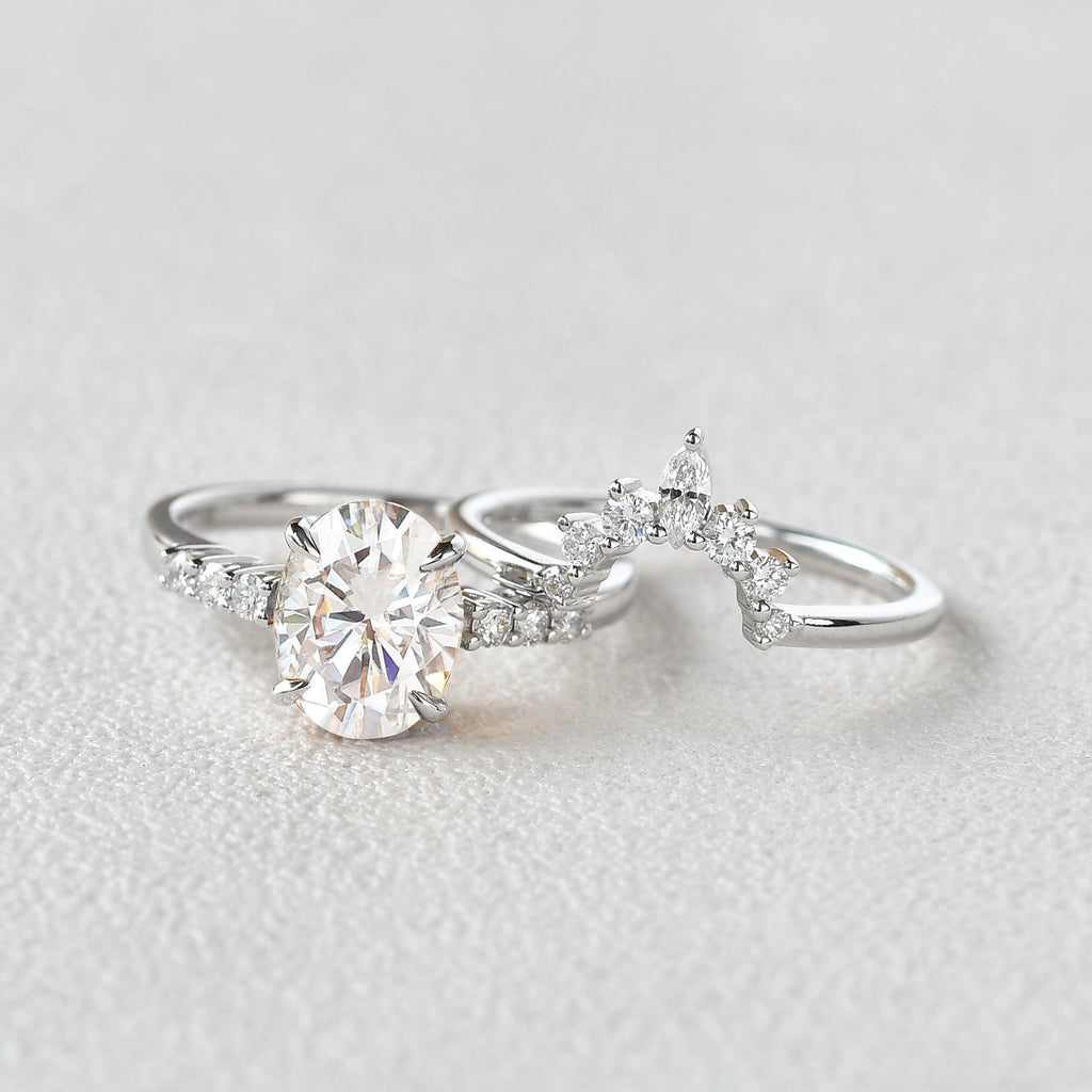 Moissanite Oval Cut White Gold Ring Set 2pcs - Felicegals 丨Wedding ring 丨Fashion ring 丨Diamond ring 丨Gemstone ring--Felicegals
