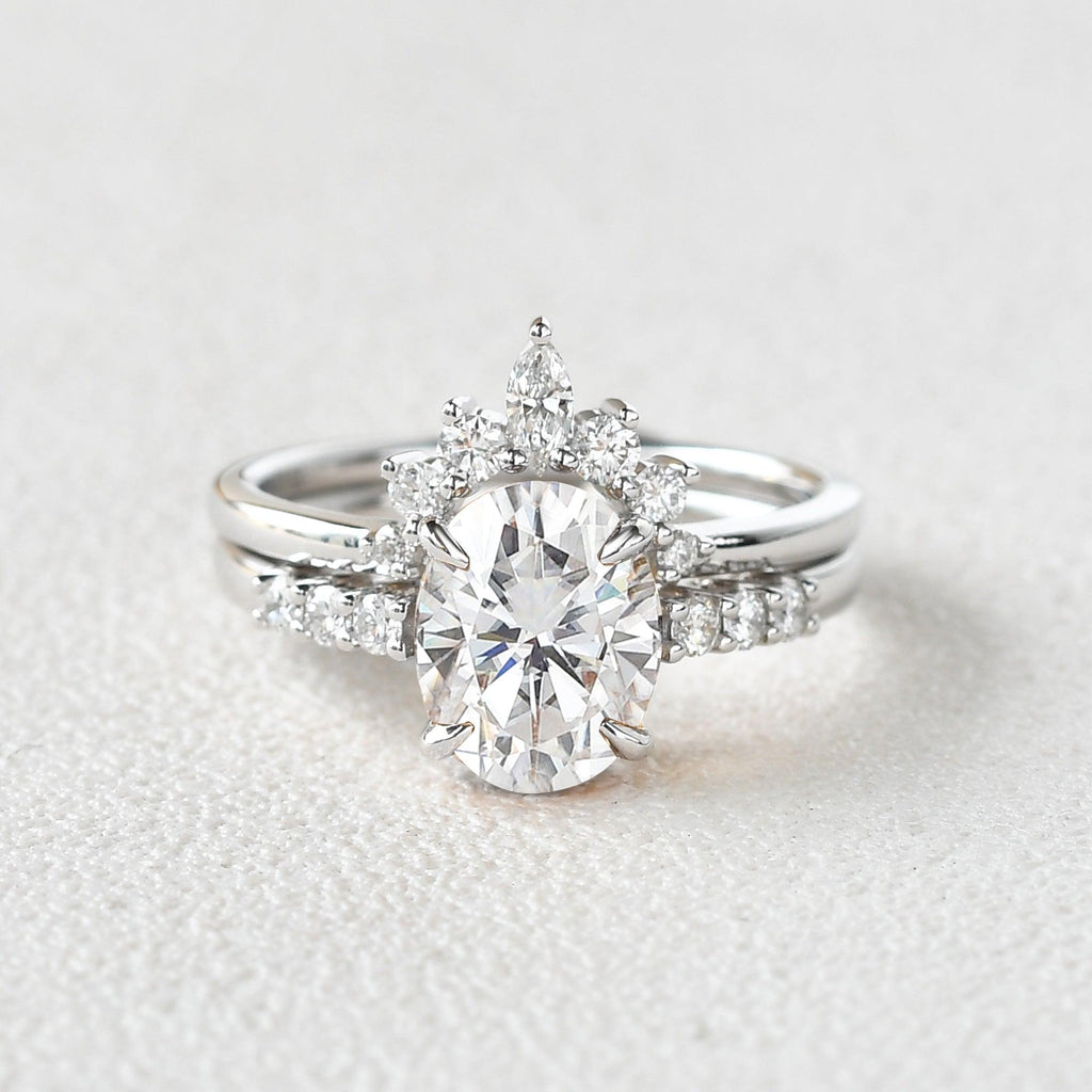 Moissanite Oval Cut White Gold Ring Set 2pcs - Felicegals 丨Wedding ring 丨Fashion ring 丨Diamond ring 丨Gemstone ring--Felicegals
