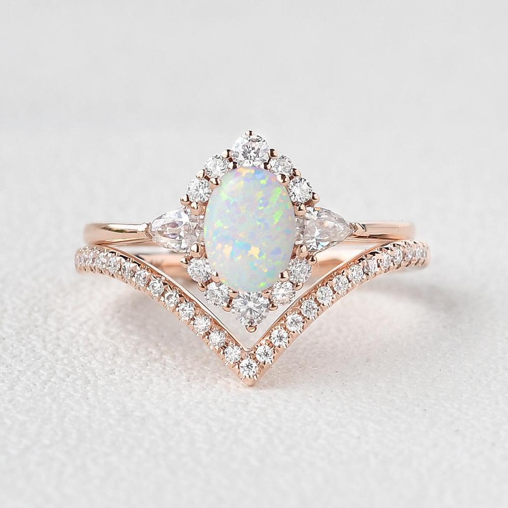 Lab Opal & Moissanite 14K Gold Ring Set 2pcs - Felicegals 丨Wedding ring 丨Fashion ring 丨Diamond ring 丨Gemstone ring--Felicegals