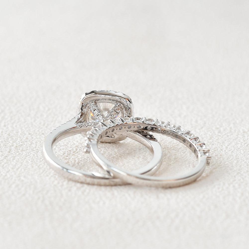1.5ct Cushion Cut Moissanite Halo White Gold Ring Set 2pcs - Felicegals 丨Wedding ring 丨Fashion ring 丨Diamond ring 丨Gemstone ring--Felicegals 丨Wedding ring 丨Fashion ring 丨Diamond ring 丨Gemstone ring