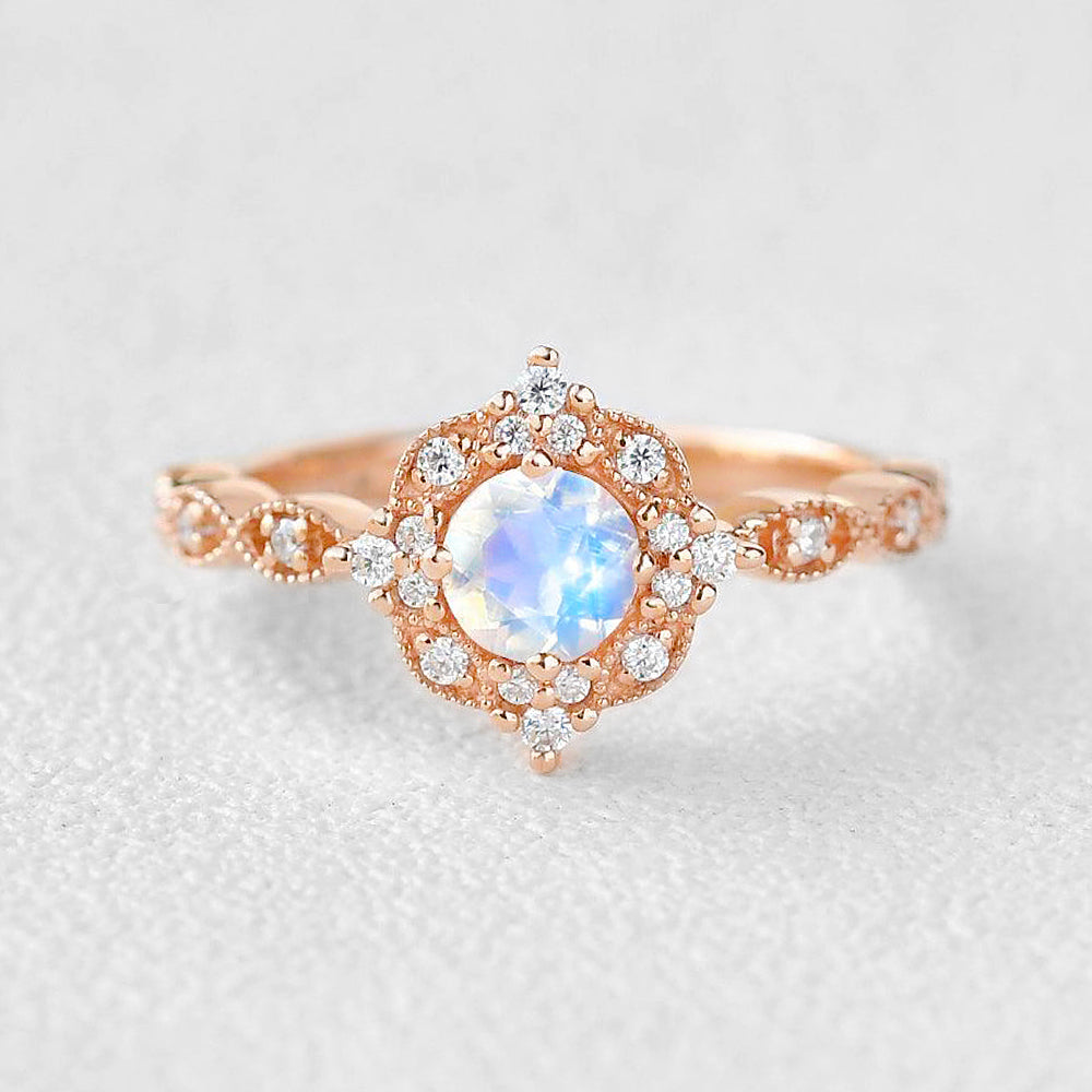 Moonstone & Moissanite Rose Gold Art Deco Ring – Felicegals