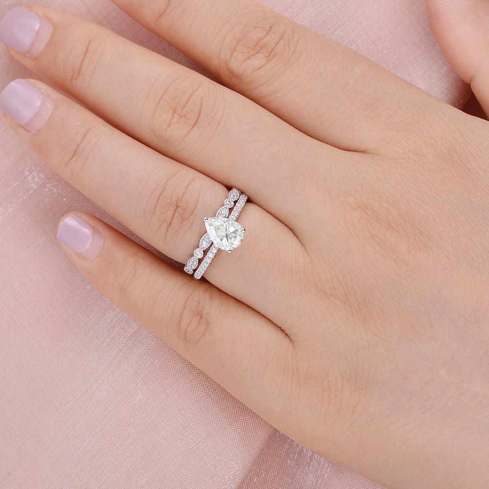1ct Pear Shaped Moissanite Solitaire White Gold Ring Set 2pcs - Felicegals 丨Wedding ring 丨Fashion ring 丨Diamond ring 丨Gemstone ring--Felicegals 丨Wedding ring 丨Fashion ring 丨Diamond ring 丨Gemstone ring