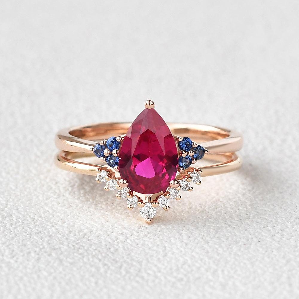 Pear Shaped Lab Ruby Rose Gold Ring Set 2pcs - Felicegals