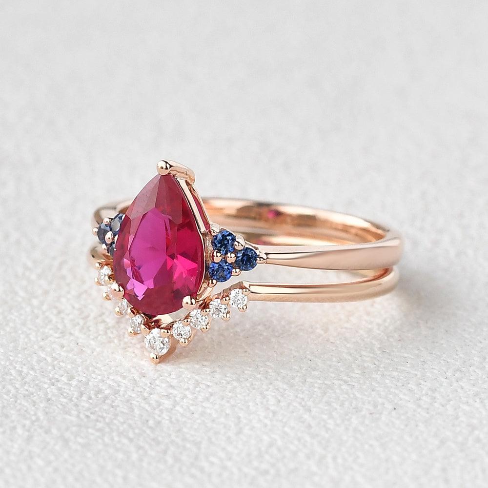 Pear Shaped Lab Ruby Rose Gold Ring Set 2pcs - Felicegals
