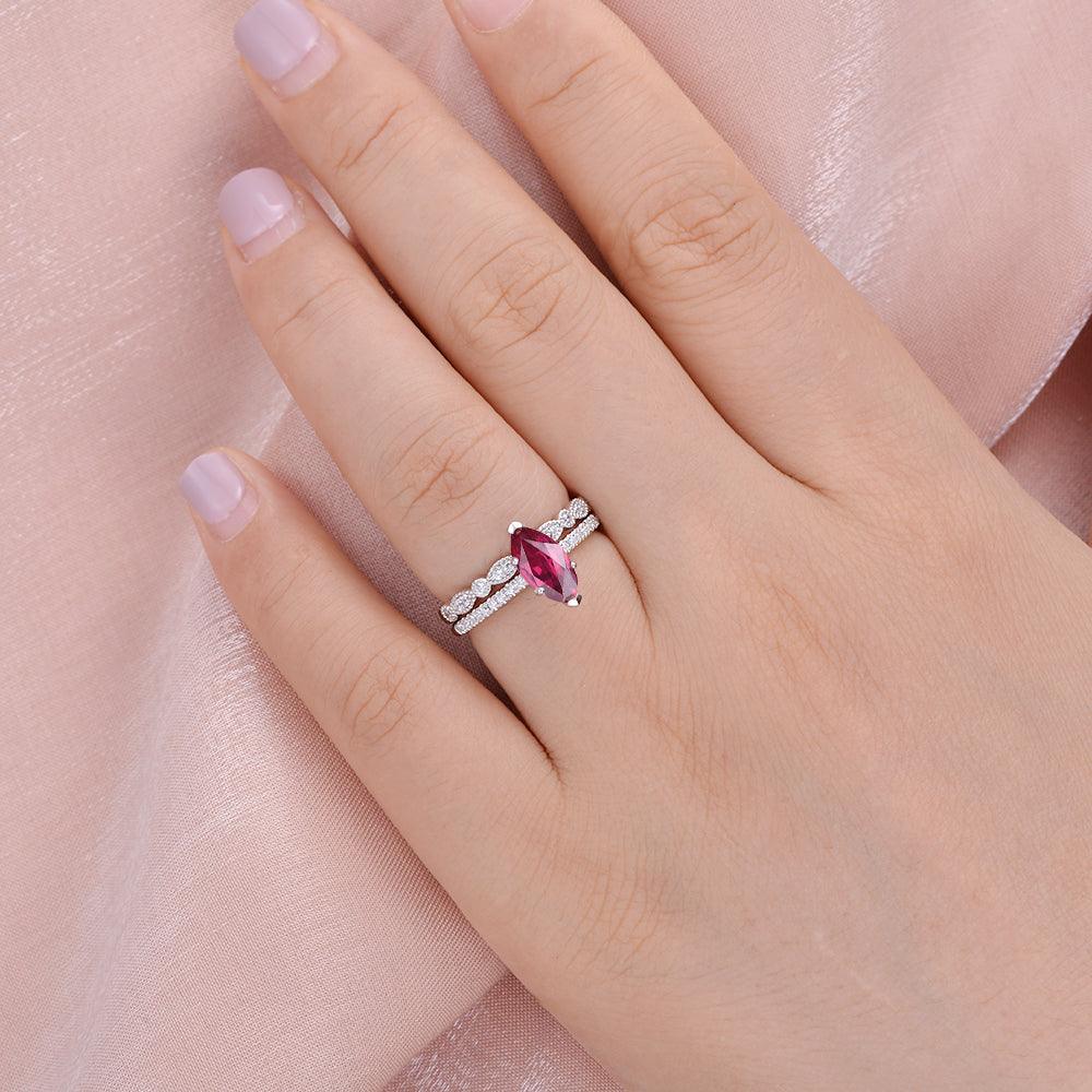 Marquise Ruby Solitaire Eternity White Gold Ring Set 2pcs - Felicegals 丨Wedding ring 丨Fashion ring 丨Diamond ring 丨Gemstone ring--Felicegals 丨Wedding ring 丨Fashion ring 丨Diamond ring 丨Gemstone ring