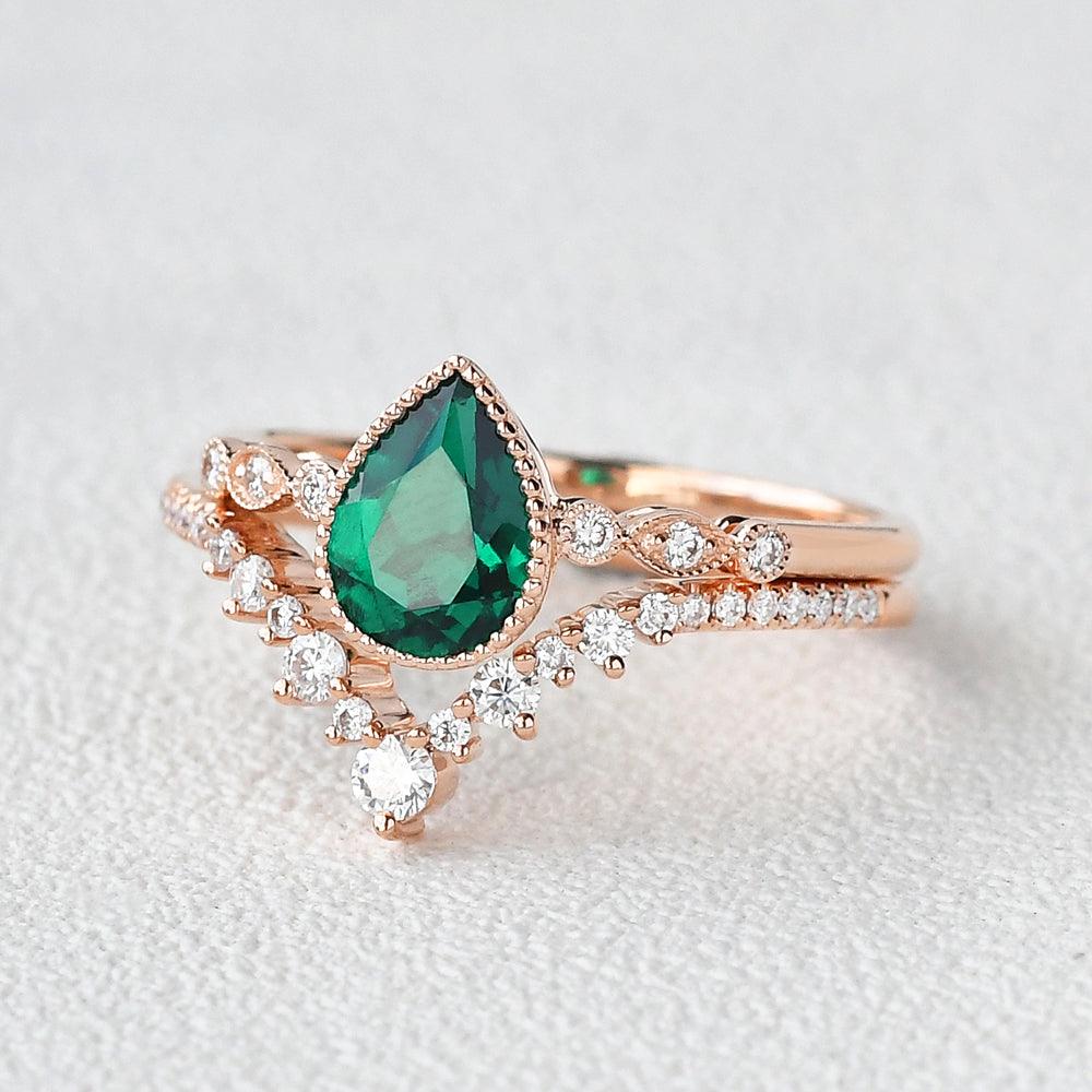 Pear Shaped Lab Emerald Rose Gold Ring Set 2pcs - Felicegals