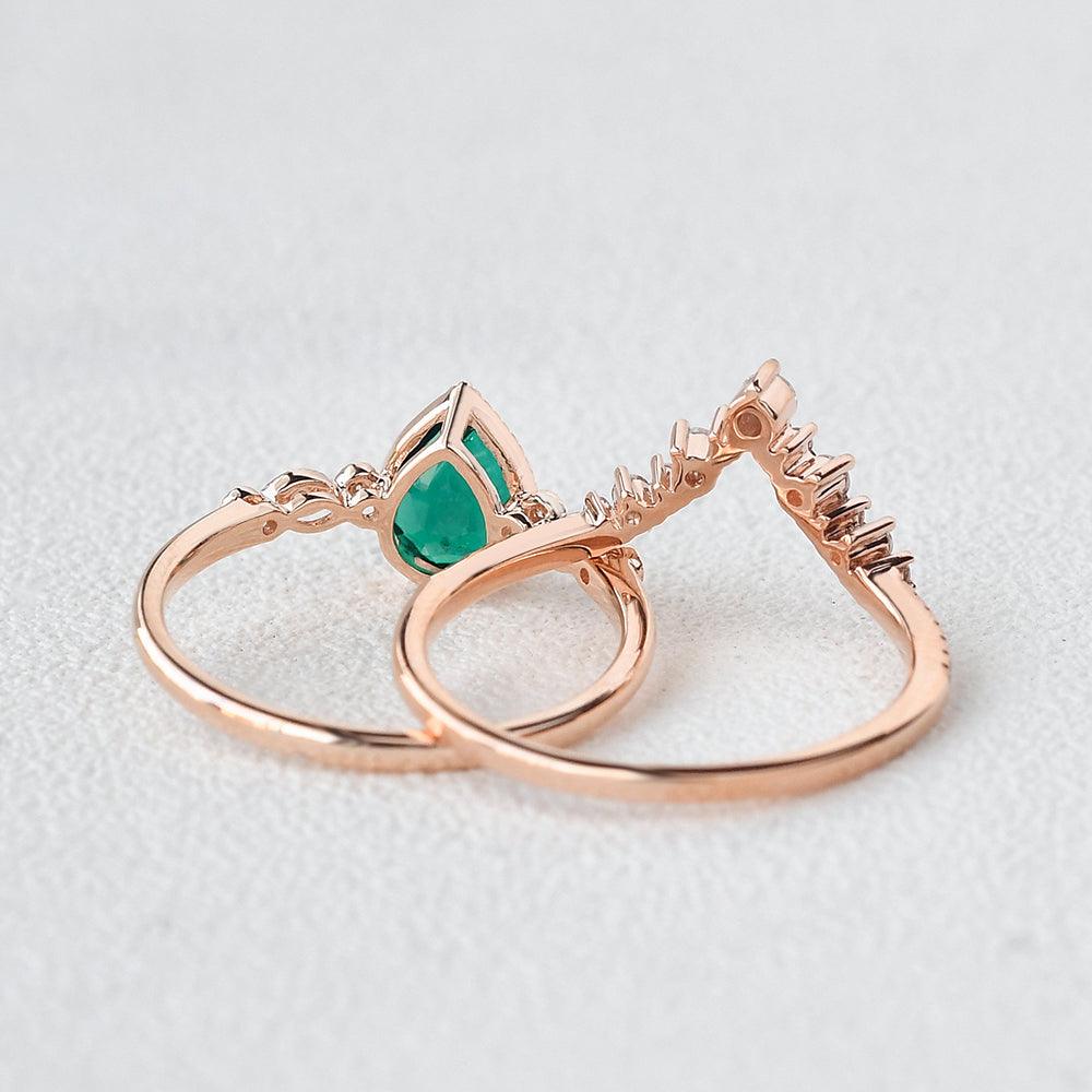 Pear Shaped Lab Emerald Rose Gold Ring Set 2pcs - Felicegals