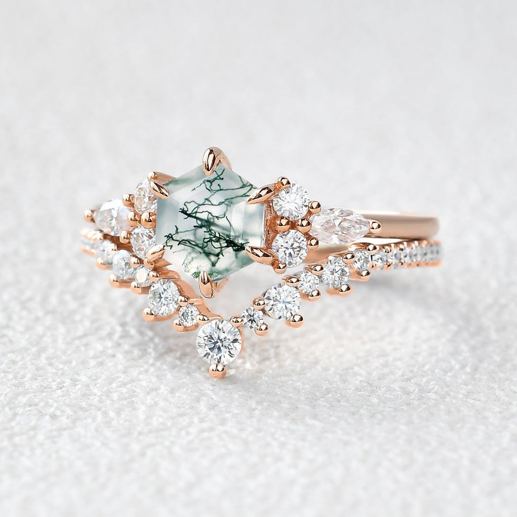 Vintage Hexagon Cut Moss Agate Engagement Ring Set 2pcs - Felicegals 丨Wedding ring 丨Fashion ring 丨Diamond ring 丨Gemstone ring
