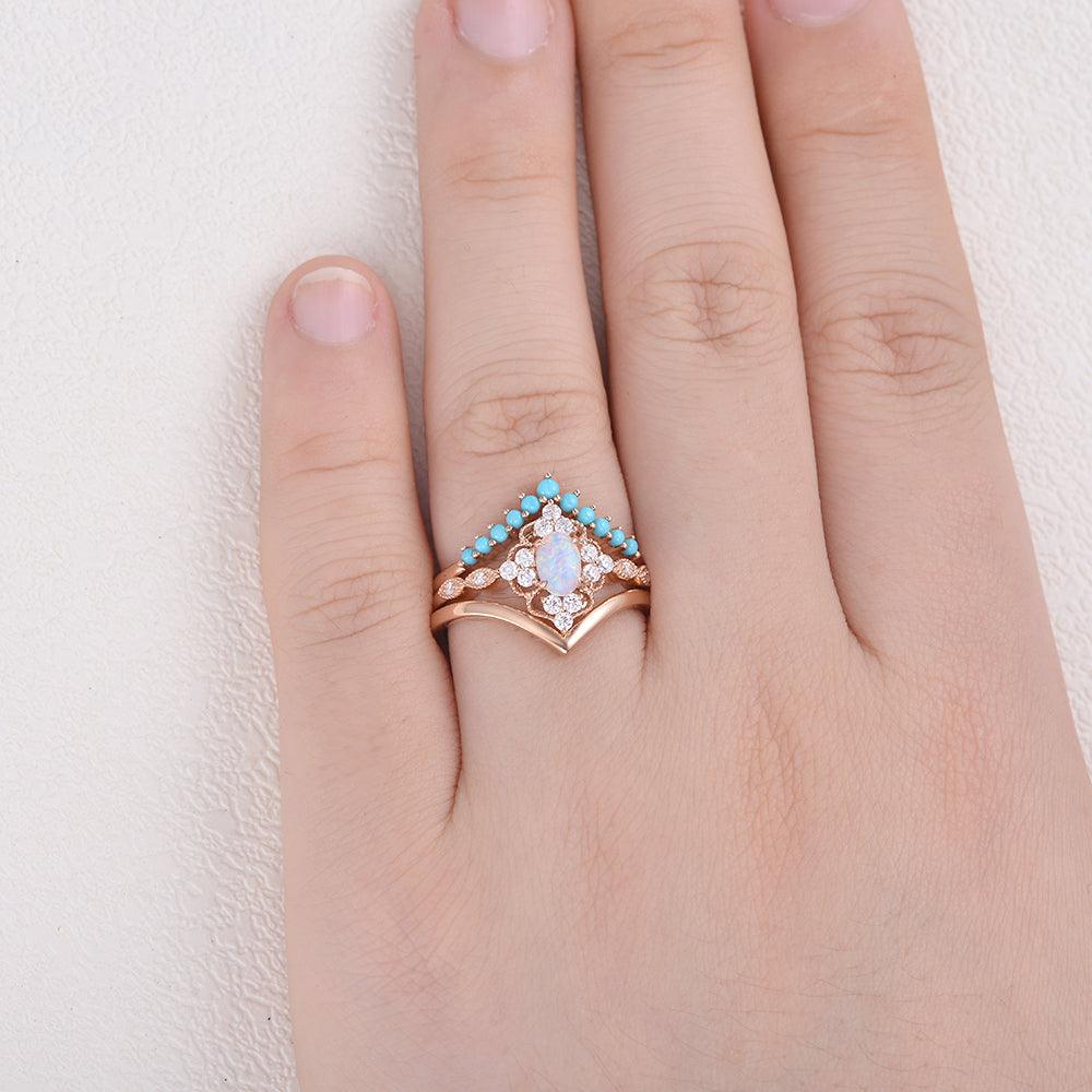 Lab Opal & Turquoise Vintage Inspired Ring Set 3pcs - Felicegals