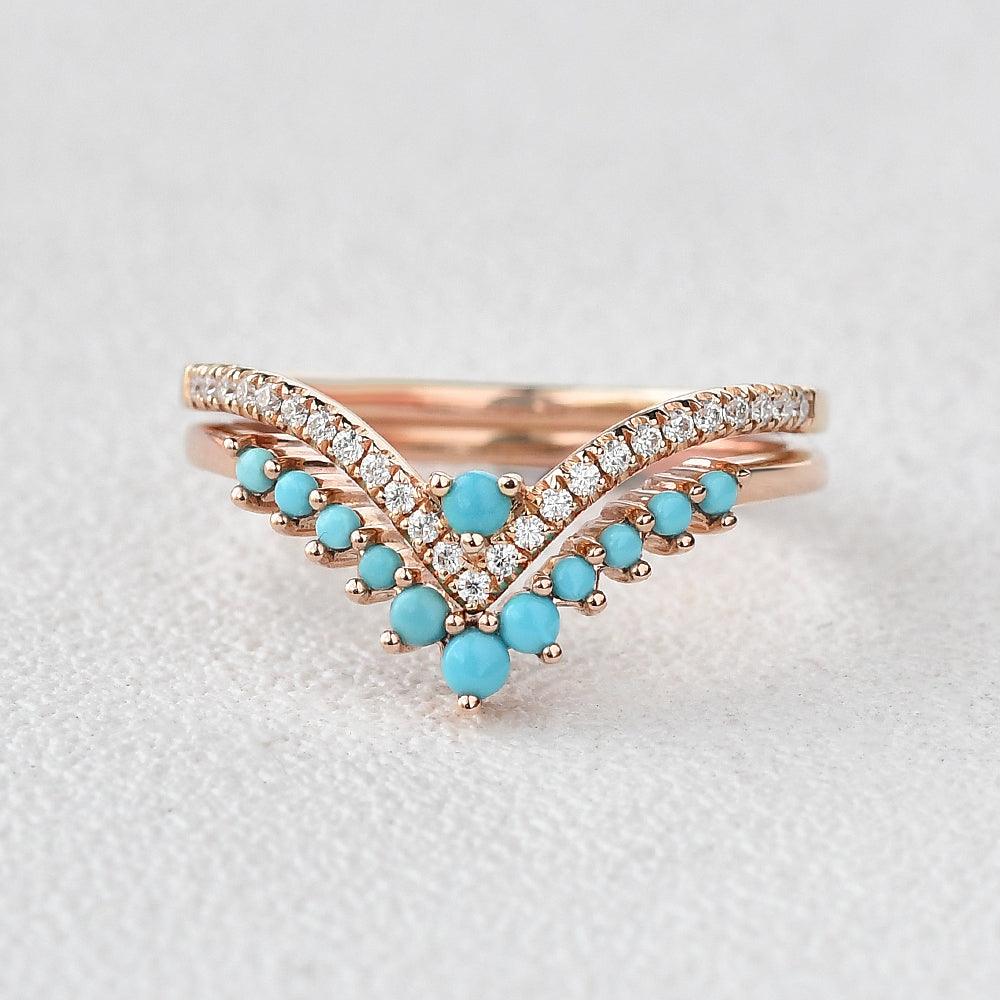 Turquoise Moissanite Chevron Rose Gold Wedding Band Sets 2pcs