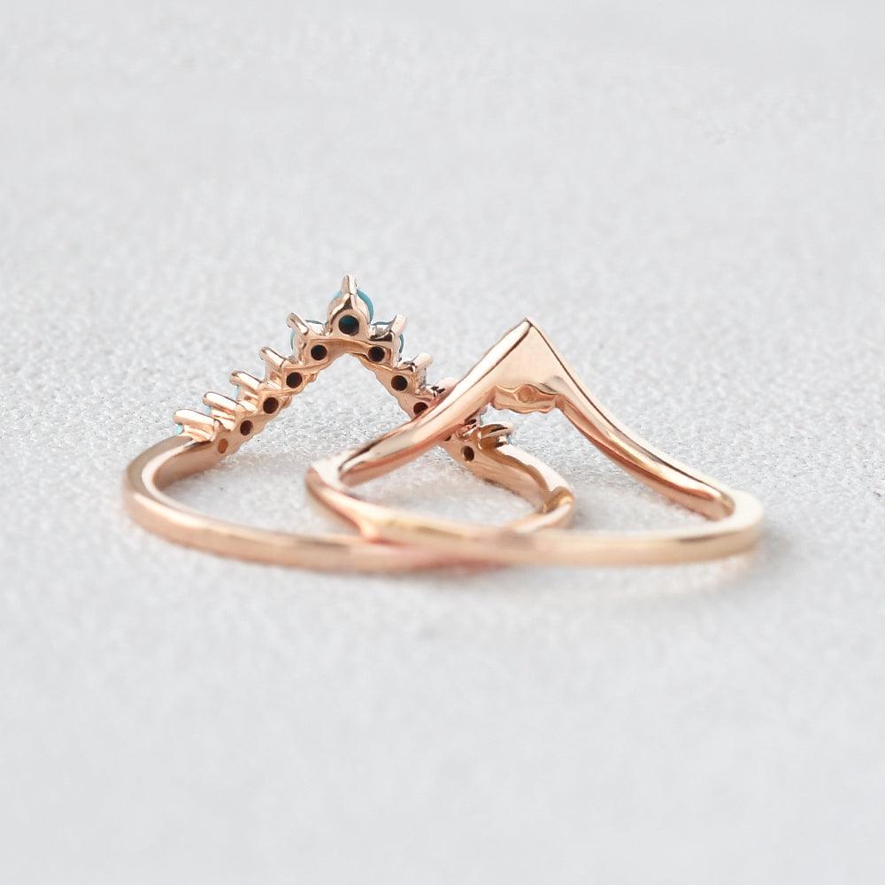 Turquoise & Moissanite Chevron Rose Gold Wedding Band Sets 2pcs - Felicegals 丨Wedding ring 丨Fashion ring 丨Diamond ring 丨Gemstone ring--Felicegals
