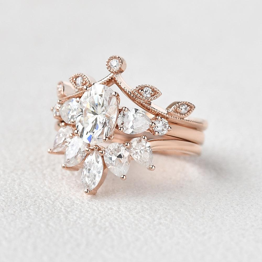 Oval Cut Moissanite 4 Prongs Ring Set 3pcs - Felicegals 丨Wedding ring 丨Fashion ring 丨Diamond ring 丨Gemstone ring--Felicegals