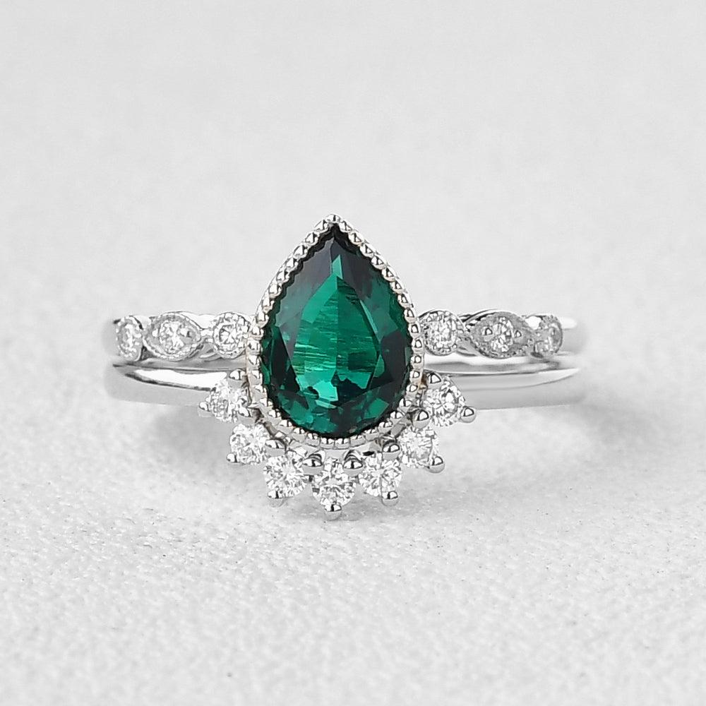 Pear Shaped Emerald Set 2pcs Rose Gold Ring - Felicegals