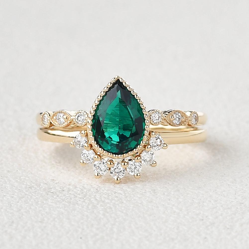 Pear Shaped Emerald Set 2pcs Rose Gold Ring - Felicegals