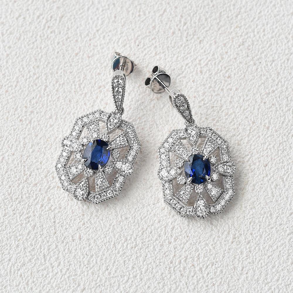 Art-Deco Oval Sapphire White Gold Earrings - Felicegals 丨Wedding ring 丨Fashion ring 丨Diamond ring 丨Gemstone ring--Felicegals 丨Wedding ring 丨Fashion ring 丨Diamond ring 丨Gemstone ring
