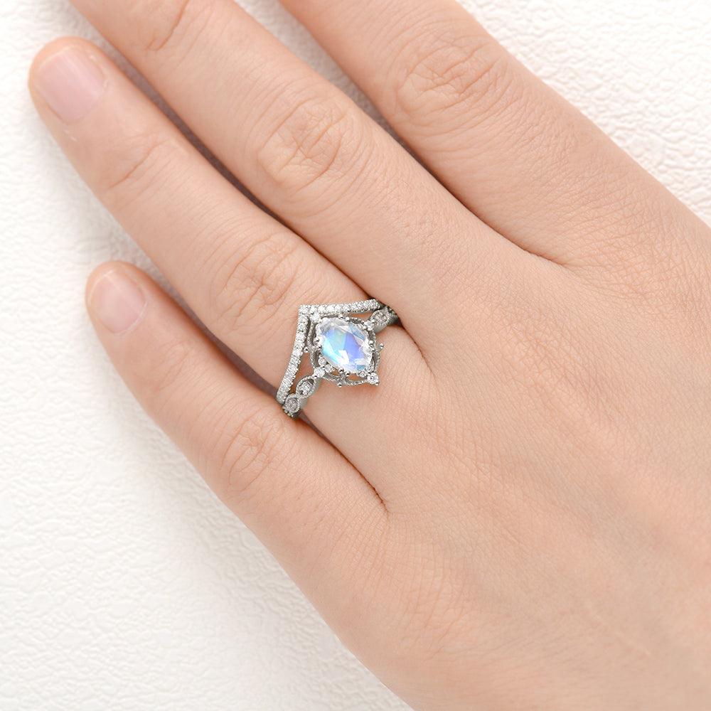 1.5ct Signature Vintage Moonstone Ring Set 2pcs - Felicegals 丨Wedding ring 丨Fashion ring 丨Diamond ring 丨Gemstone ring