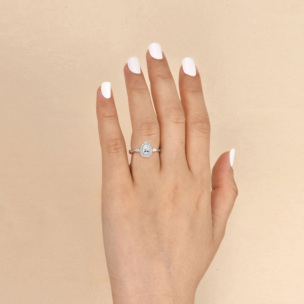 1.0ct Pear Shaped Moissanite Three-Stone Halo Ring - Felicegals 丨Wedding ring 丨Fashion ring 丨Diamond ring 丨Gemstone ring