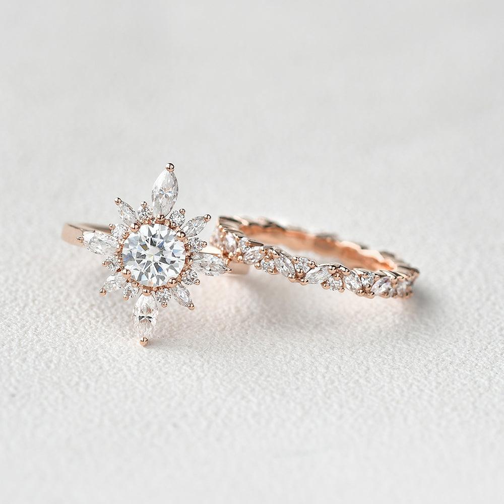 Flower Marquise Moissanite Cluster Ring Set 2pcs - Felicegals 丨Wedding ring 丨Fashion ring 丨Diamond ring 丨Gemstone ring--Felicegals