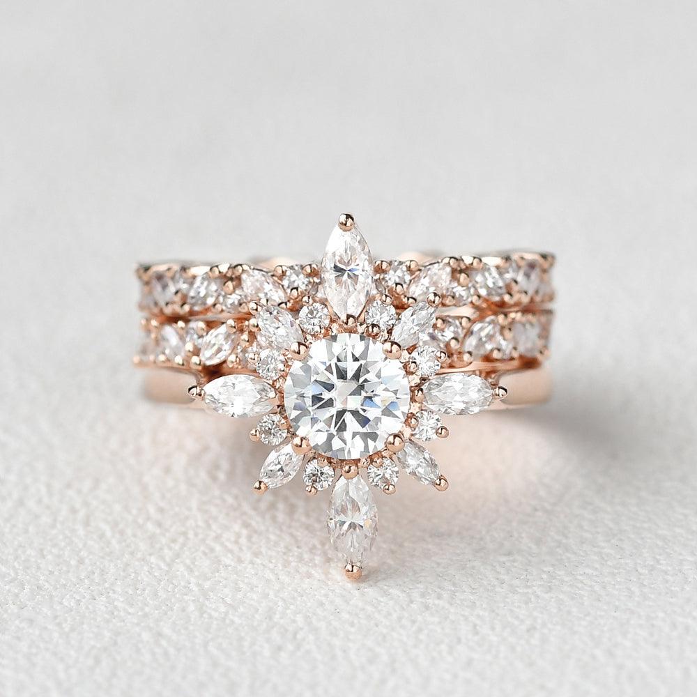 Flower Marquise Moissanite Cluster Ring Set 3pcs - Felicegals 丨Wedding ring 丨Fashion ring 丨Diamond ring 丨Gemstone ring