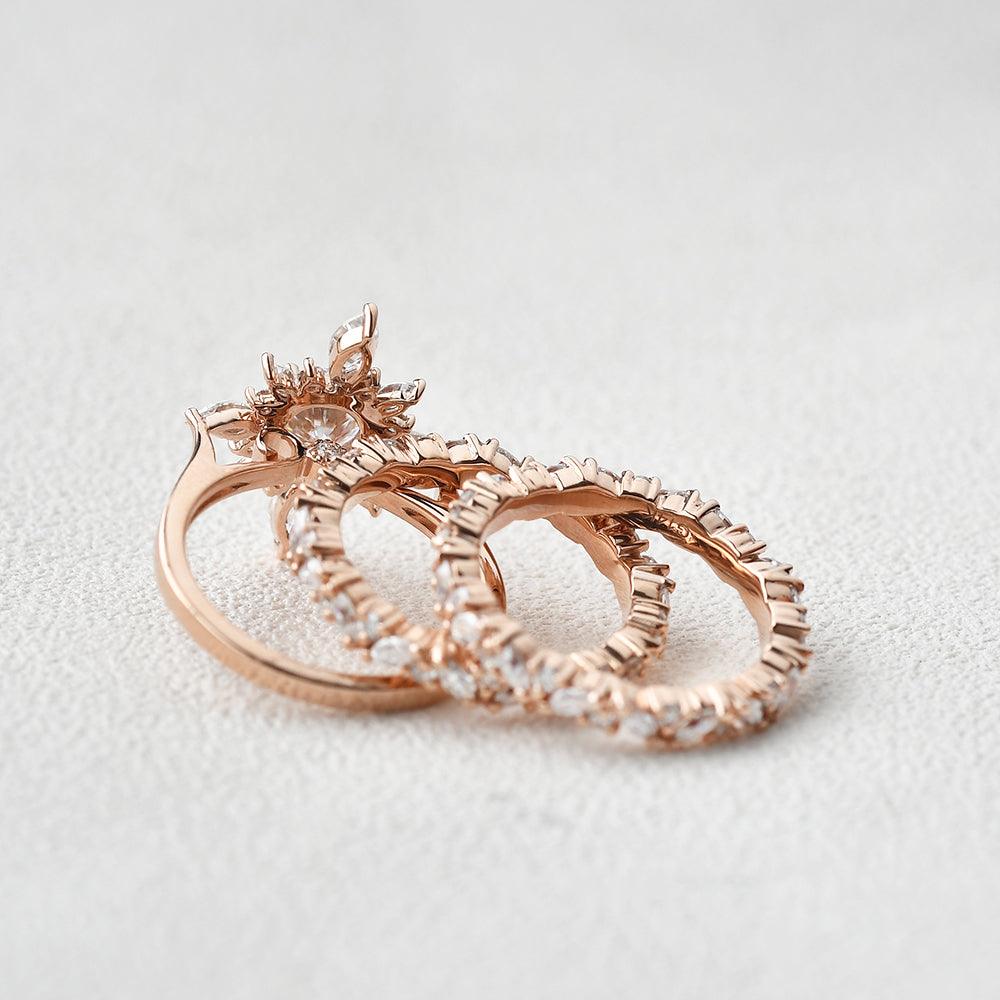 Flower Marquise Moissanite Cluster Ring Set 3pcs - Felicegals 丨Wedding ring 丨Fashion ring 丨Diamond ring 丨Gemstone ring--Felicegals
