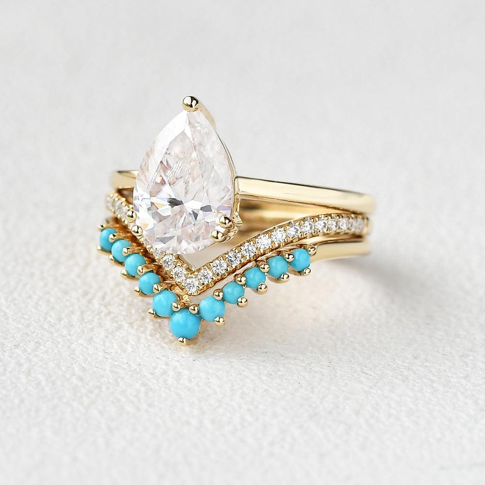 Art-Deco Pear Shaped Moissanite & Turquoise Ring Set 3pcs - Felicegals 丨Wedding ring 丨Fashion ring 丨Diamond ring 丨Gemstone ring--Felicegals