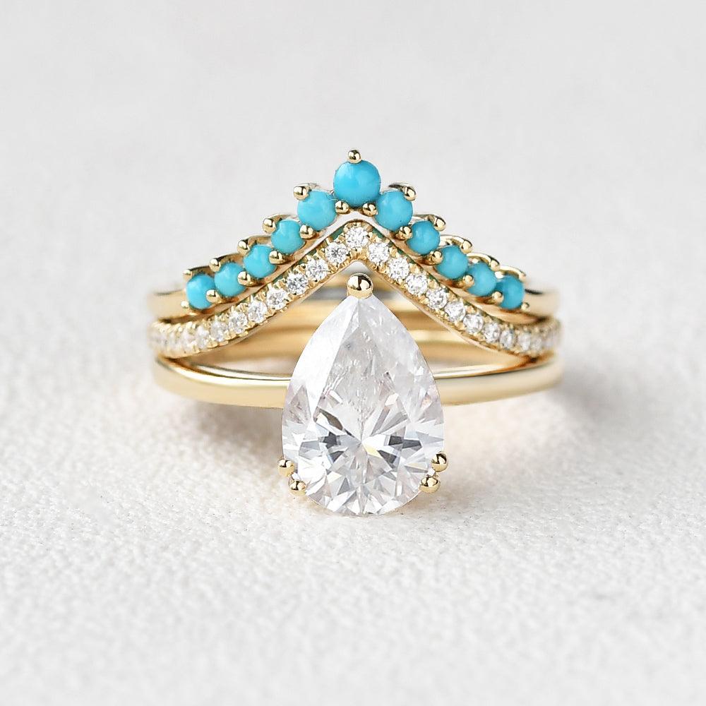 Art-Deco Pear Shaped Moissanite & Turquoise Ring Set 3pcs - Felicegals 丨Wedding ring 丨Fashion ring 丨Diamond ring 丨Gemstone ring--Felicegals