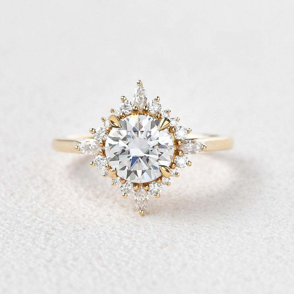 Round Cut Moissanite Floral Inspired Yellow Gold Ring - Felicegals 丨Wedding ring 丨Fashion ring 丨Diamond ring 丨Gemstone ring--Felicegals 丨Wedding ring 丨Fashion ring 丨Diamond ring 丨Gemstone ring