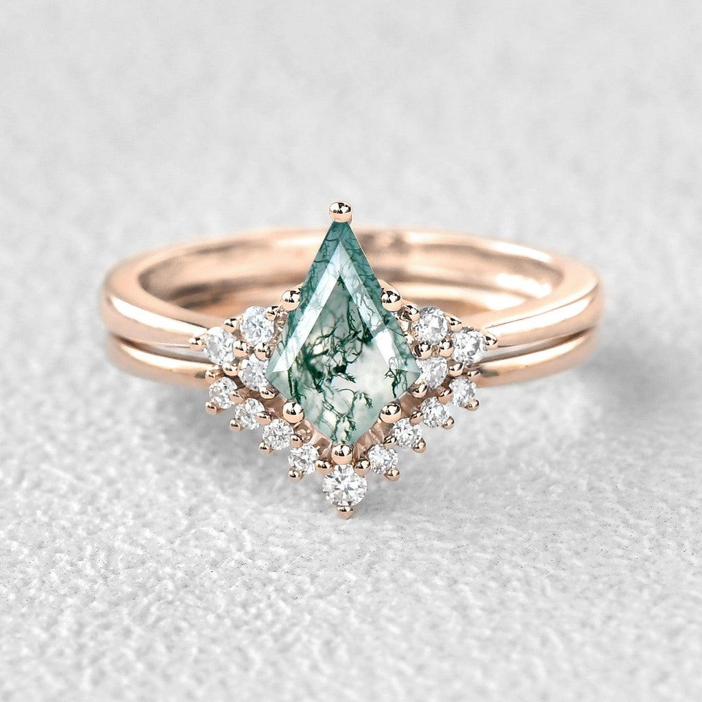 Signature Vintage Moss Agate Engagement Ring Set 2pcs - Felicegals 丨Wedding ring 丨Fashion ring 丨Diamond ring 丨Gemstone ring