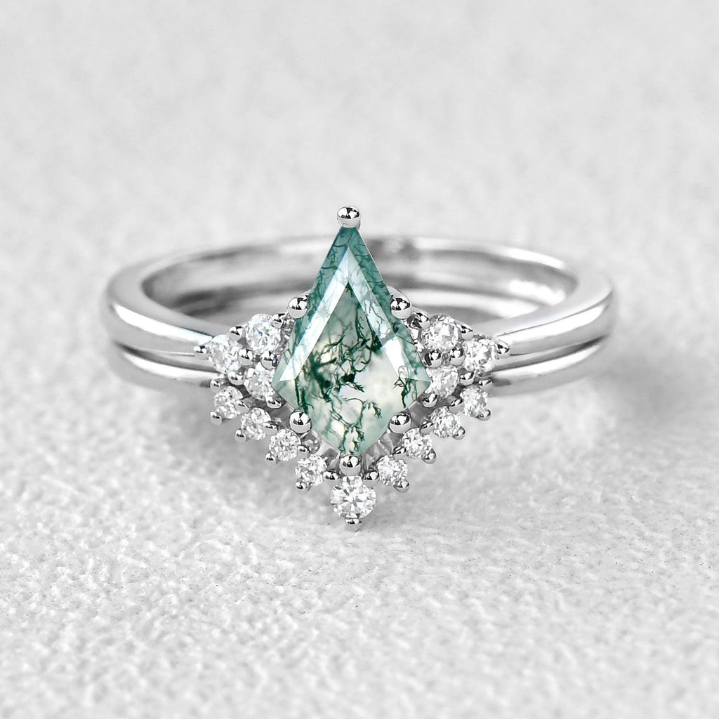 Signature Vintage Moss Agate Engagement Ring Set 2pcs - Felicegals 丨Wedding ring 丨Fashion ring 丨Diamond ring 丨Gemstone ring