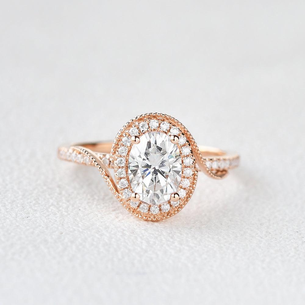 Twist Oval Moissanite Halo Inspired Ring - Felicegals 丨Wedding ring 丨Fashion ring 丨Diamond ring 丨Gemstone ring--Felicegals