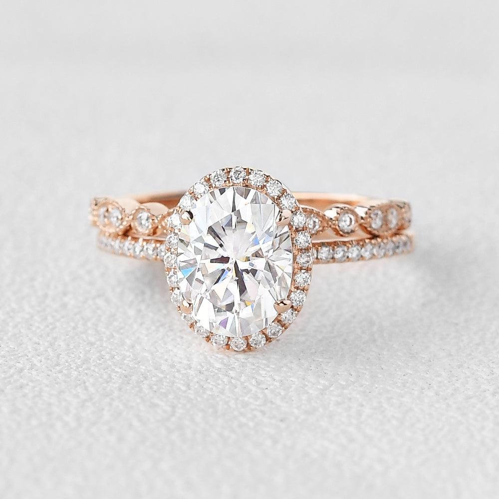 2.0ct Oval Moissanite Pave Vintage Halo Ring Set 2pcs - Felicegals 丨Wedding ring 丨Fashion ring 丨Diamond ring 丨Gemstone ring