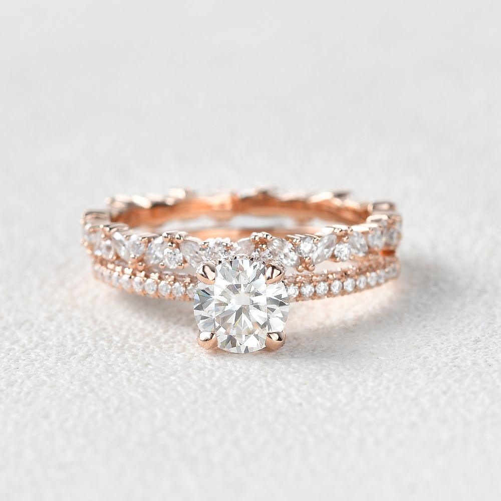 Felicegals 1ct Round Cut Moissanite Ring Set 2pcs - Felicegals 丨Wedding ring 丨Fashion ring 丨Diamond ring 丨Gemstone ring-Jewelry-Felicegals 丨Wedding ring 丨Fashion ring 丨Diamond ring 丨Gemstone ring