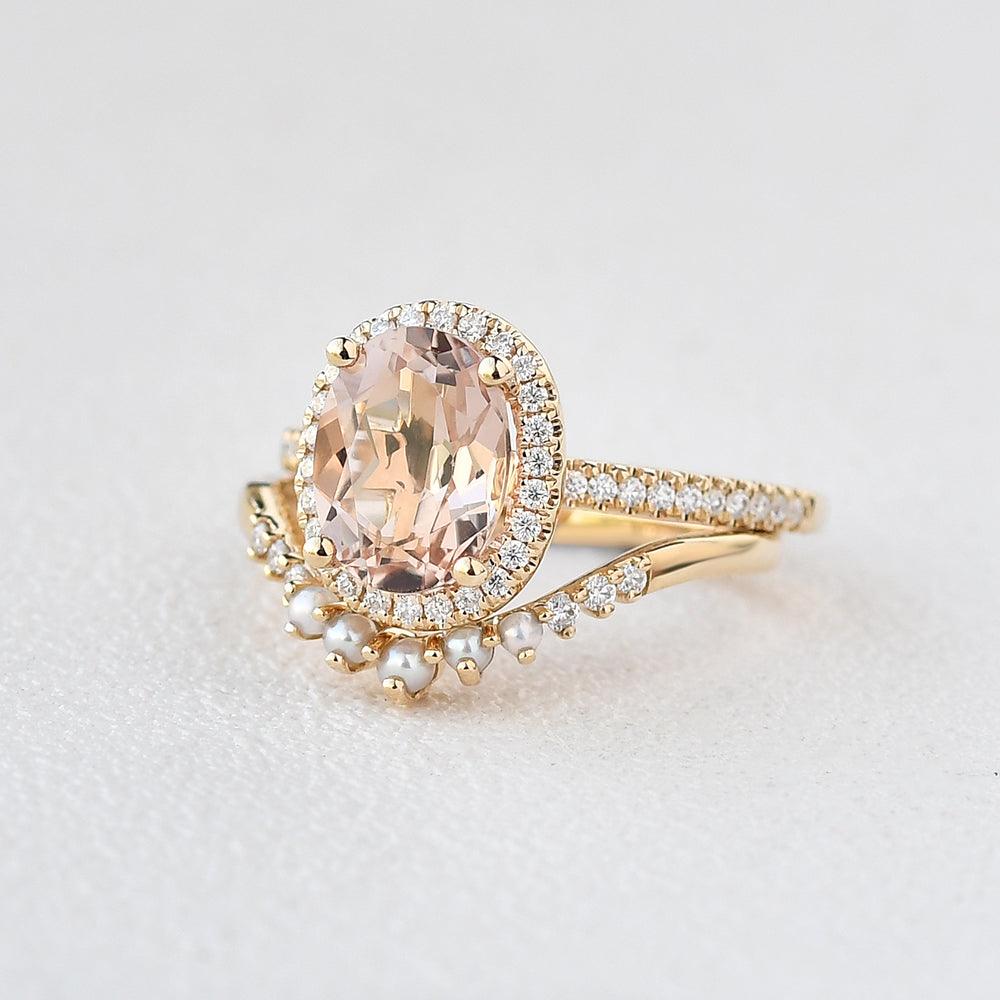 Oval Peachy Morganite & Pearls Yellow Gold Ring Set 2pcs - Felicegals 丨Wedding ring 丨Fashion ring 丨Diamond ring 丨Gemstone ring-Jewelry-Felicegals