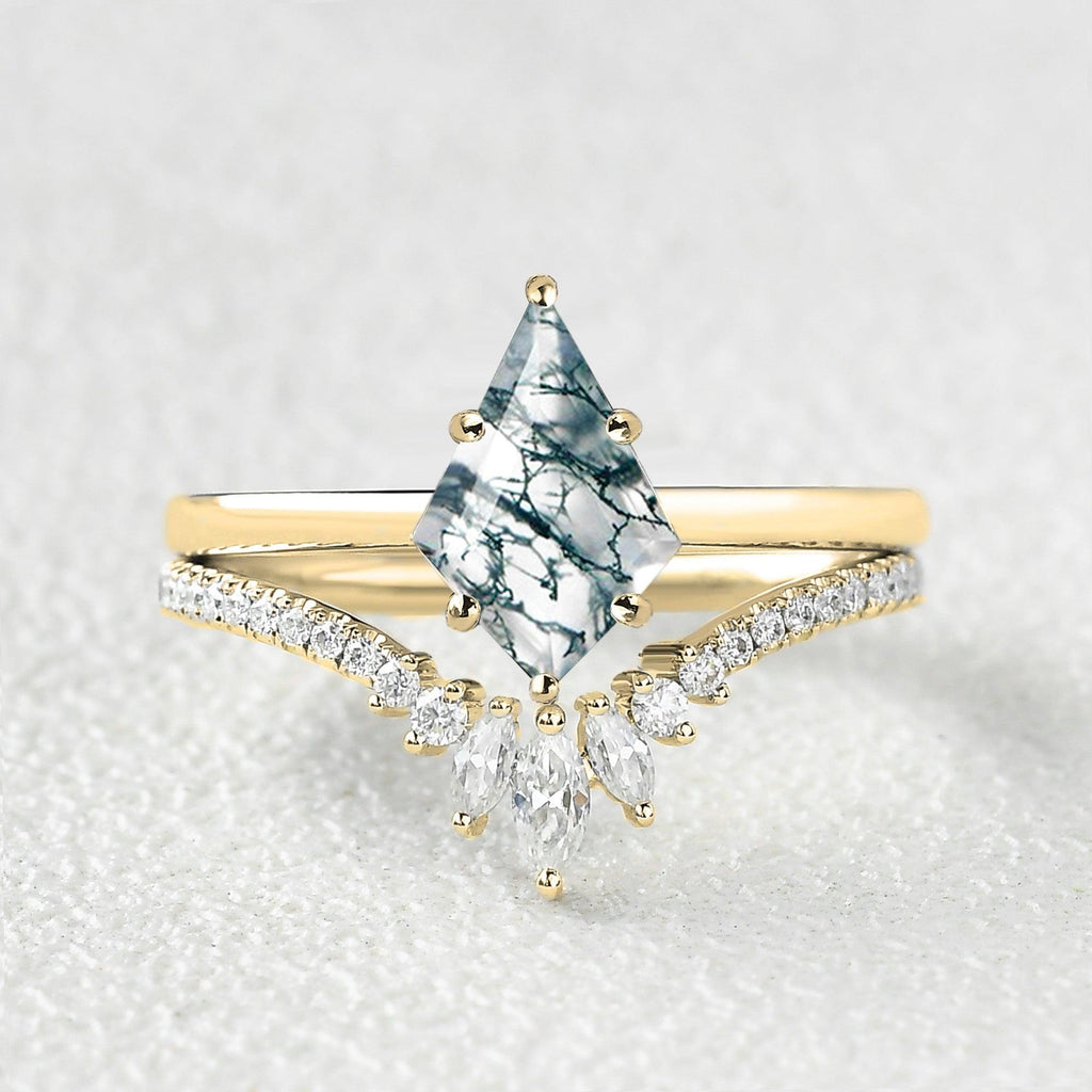 Kite Cut Moss Agate Cluster Engagement Ring Set 2pcs - Felicegals 丨Wedding ring 丨Fashion ring 丨Diamond ring 丨Gemstone ring