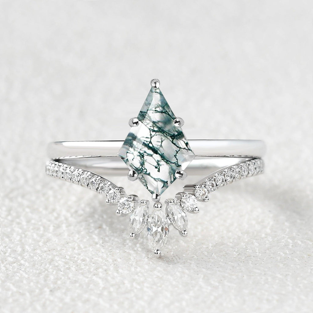 Kite Cut Moss Agate Cluster Engagement Ring Set 2pcs - Felicegals 丨Wedding ring 丨Fashion ring 丨Diamond ring 丨Gemstone ring