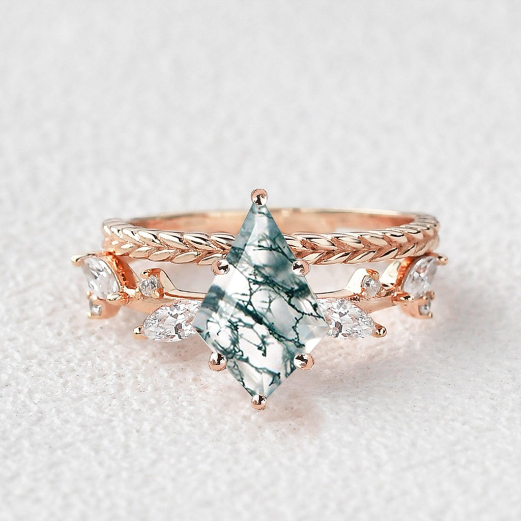 Kite Cut Moss Agate Leafy Vintage Engagement Ring Set 2pcs - Felicegals 丨Wedding ring 丨Fashion ring 丨Diamond ring 丨Gemstone ring