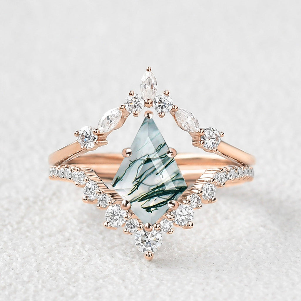 Kite Cut Moss Agate Chevron Engagement Ring Set 2pcs - Felicegals 丨Wedding ring 丨Fashion ring 丨Diamond ring 丨Gemstone ring