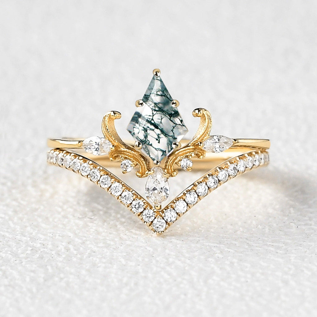 Art-Deco Antique Kite Cut Moss Agate Engagement Ring Set 2pcs - Felicegals 丨Wedding ring 丨Fashion ring 丨Diamond ring 丨Gemstone ring