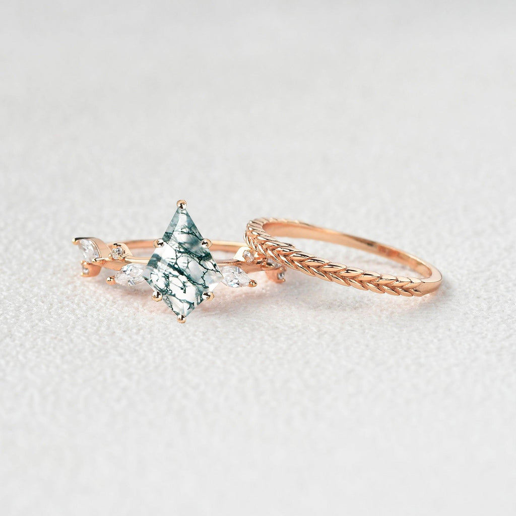 Kite Cut Moss Agate Leafy Vintage Engagement Ring Set 2pcs - Felicegals 丨Wedding ring 丨Fashion ring 丨Diamond ring 丨Gemstone ring