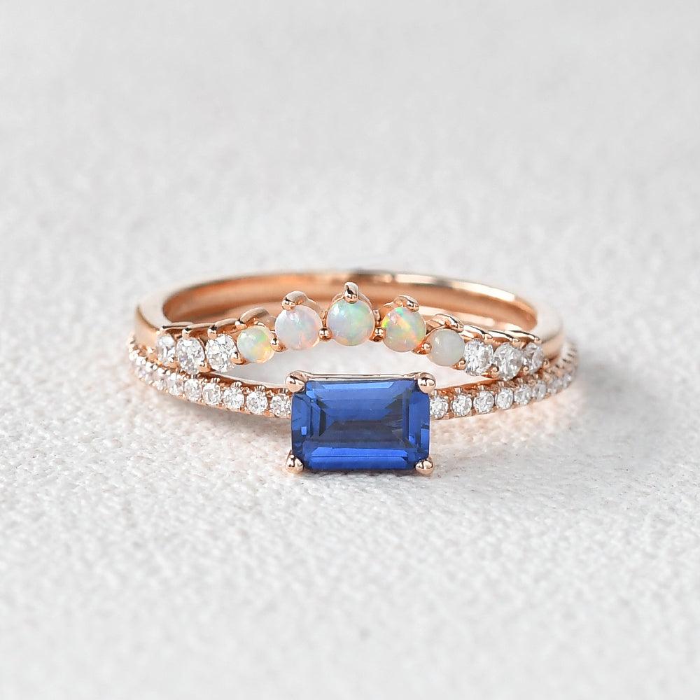 Felicegals Baguette Cut Sapphire & Opal Rinig Set 2pcs - Felicegals 丨Wedding ring 丨Fashion ring 丨Diamond ring 丨Gemstone ring-Jewelry-Felicegals 丨Wedding ring 丨Fashion ring 丨Diamond ring 丨Gemstone ring