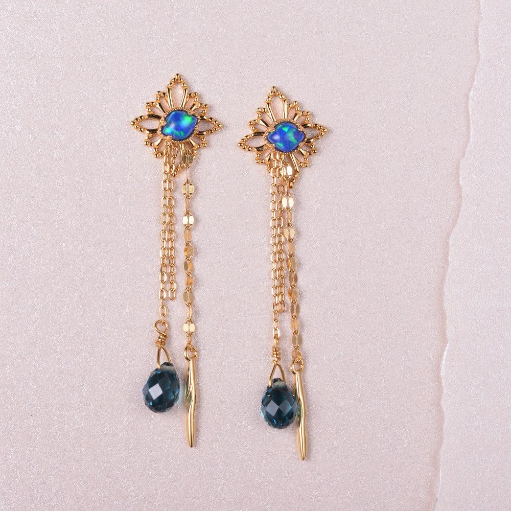Lab Opal & London Blue Topaz Rose Gold Earrings - Felicegals 丨Wedding ring 丨Fashion ring 丨Diamond ring 丨Gemstone ring--Felicegals