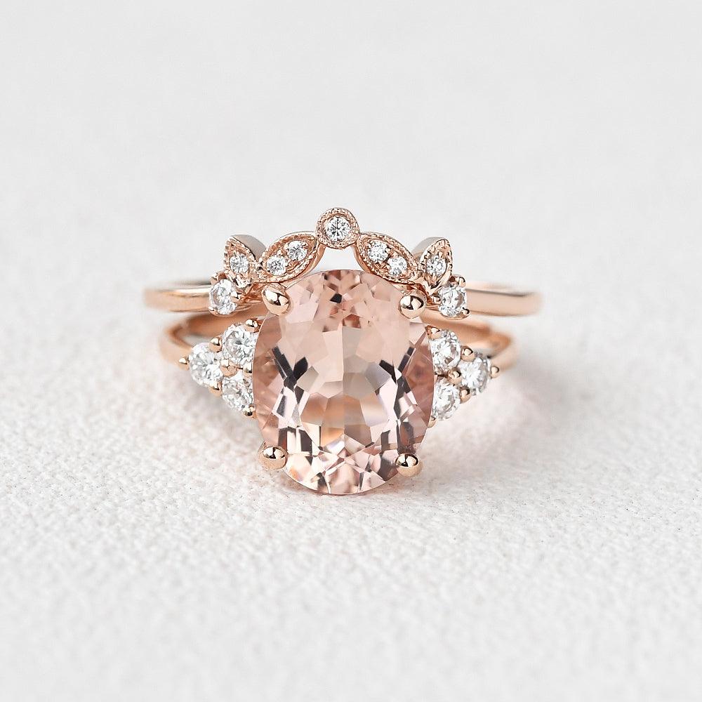 3.0ct Oval Cut Peachy Morganite Rose Gold Ring Set 2pcs - Felicegals 丨Wedding ring 丨Fashion ring 丨Diamond ring 丨Gemstone ring--Felicegals 丨Wedding ring 丨Fashion ring 丨Diamond ring 丨Gemstone ring