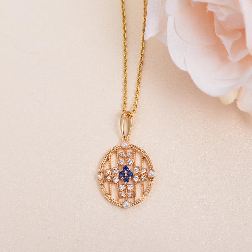 Natural Sapphire & Pearl & Moissanite Yellow Gold Necklace - Felicegals 丨Wedding ring 丨Fashion ring 丨Diamond ring 丨Gemstone ring--Felicegals