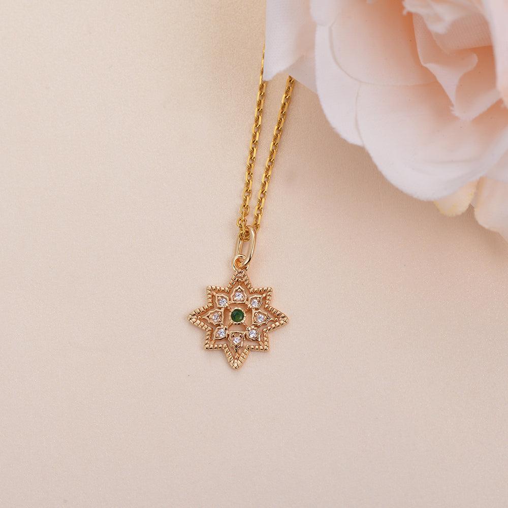 Natural Emerald & Moissanite Vintage Inspired Rose Gold Necklace - Felicegals 丨Wedding ring 丨Fashion ring 丨Diamond ring 丨Gemstone ring--Felicegals