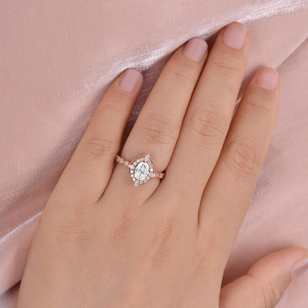 1ct Art-Deco Oval Cut Moissanite Rose Gold Ring - Felicegals 丨Wedding ring 丨Fashion ring 丨Diamond ring 丨Gemstone ring--Felicegals 丨Wedding ring 丨Fashion ring 丨Diamond ring 丨Gemstone ring