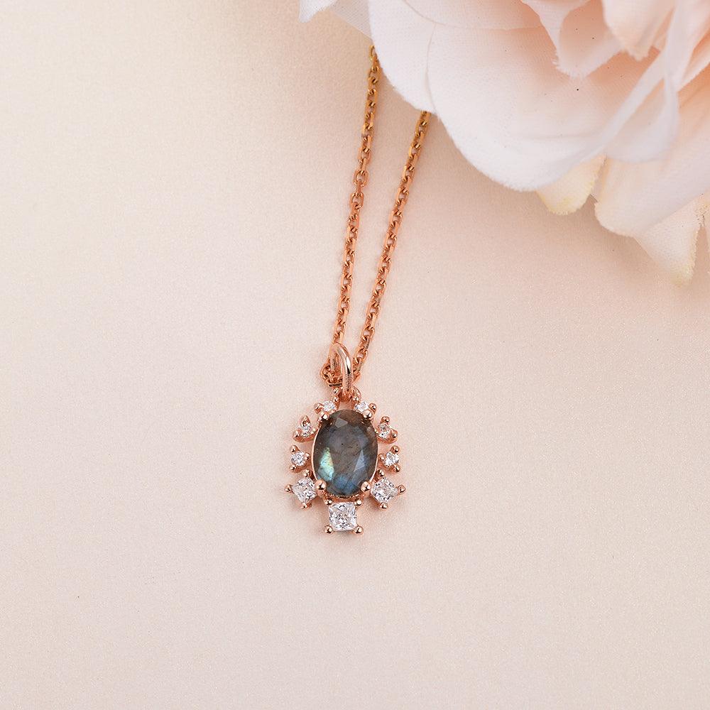 Oval Cut Labradorite & Moissanite Rose Gold Necklace - Felicegals 丨Wedding ring 丨Fashion ring 丨Diamond ring 丨Gemstone ring--Felicegals